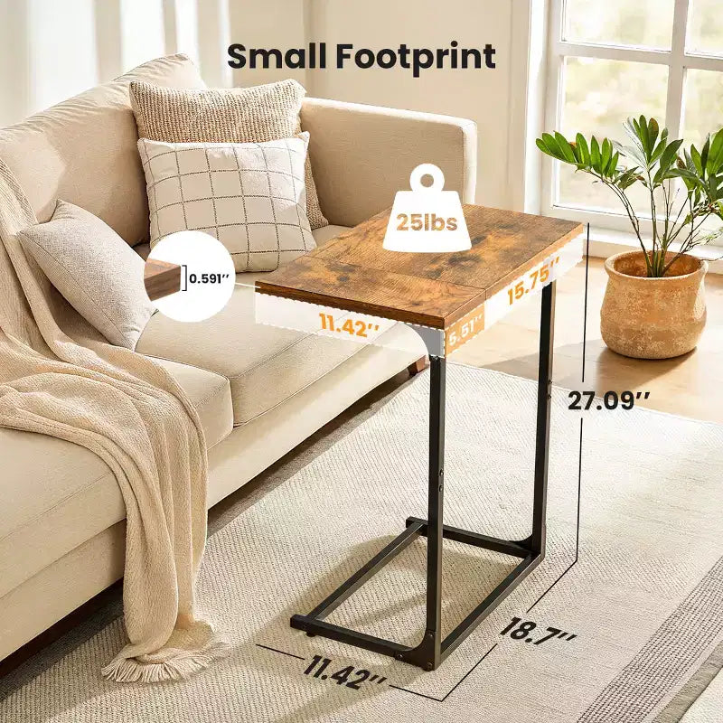 HUANUO C-Shaped Side Table, Rustic Design, Metal Frame, Large Surface Couch Table for Living Room, Bedroom, Home Office