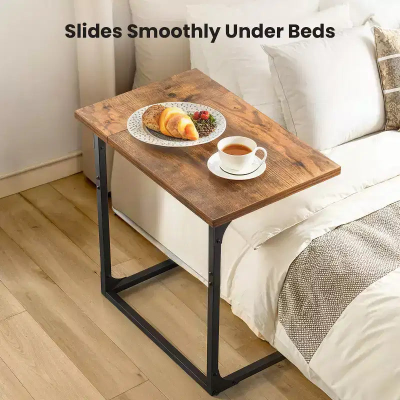 HUANUO C-Shaped Side Table, Rustic Design, Metal Frame, Large Surface Couch Table for Living Room, Bedroom, Home Office