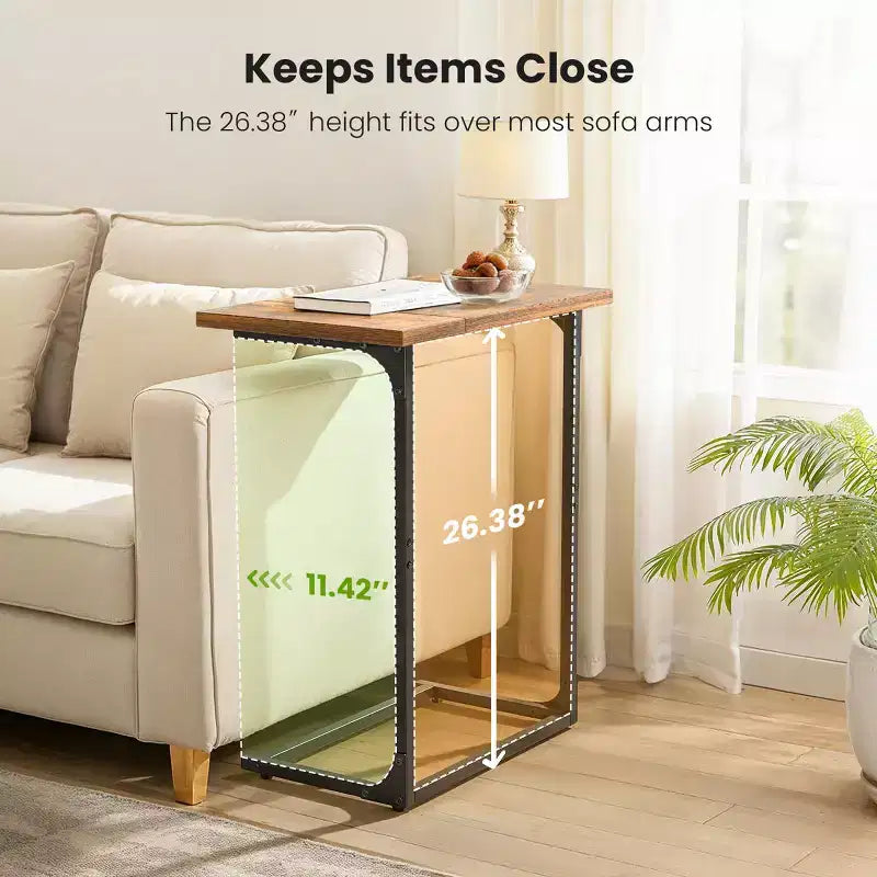 HUANUO C-Shaped Side Table, Rustic Design, Metal Frame, Large Surface Couch Table for Living Room, Bedroom, Home Office
