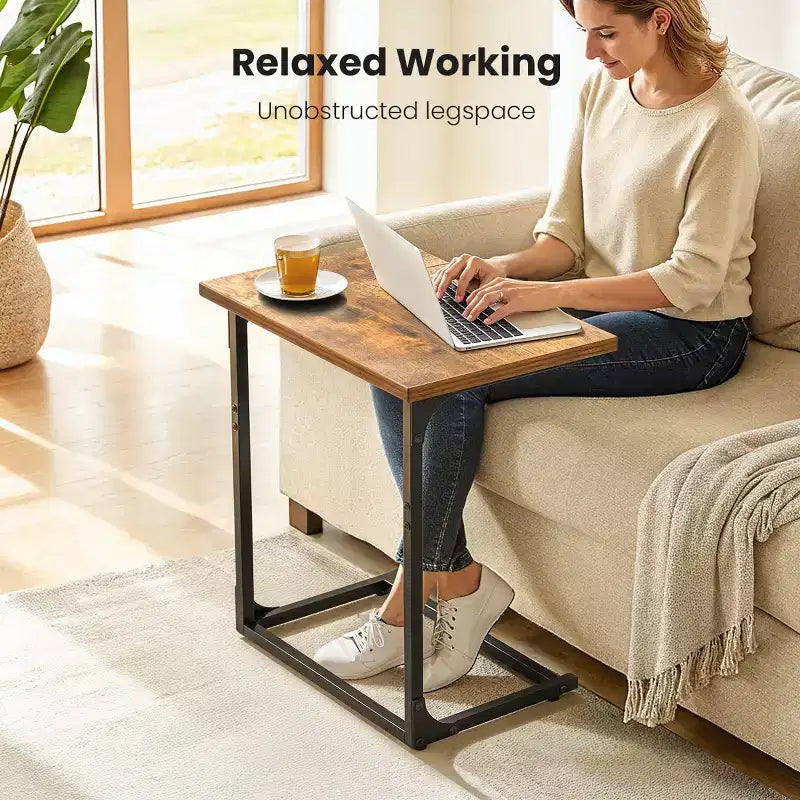 HUANUO C-Shaped Side Table, Rustic Design, Metal Frame, Large Surface Couch Table for Living Room, Bedroom, Home Office