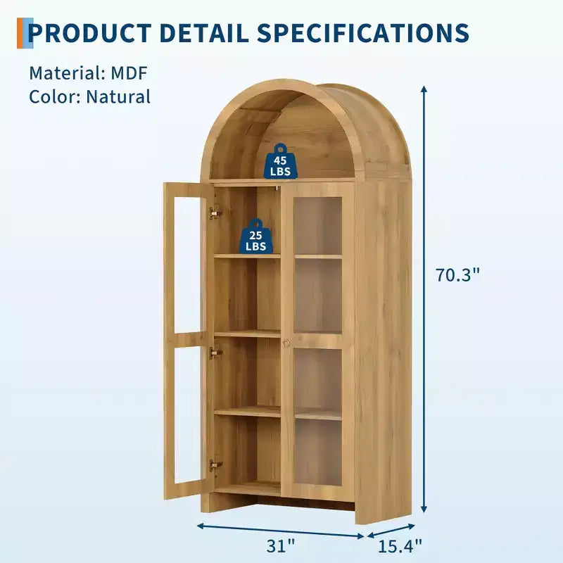 70 Tall Arched Kitchen Pantry Cabinet, Wood Kitchens Storage Cabinets with Adjustable Shelves, Versatile Cupboard for Dining Room, Bathroom