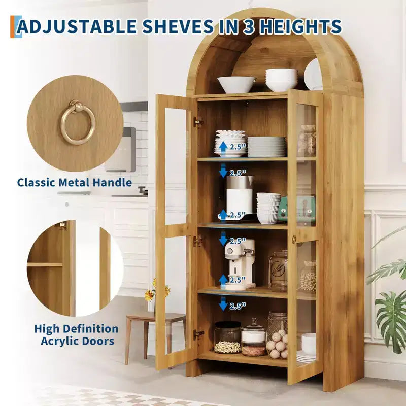 70 Tall Arched Kitchen Pantry Cabinet, Wood Kitchens Storage Cabinets with Adjustable Shelves, Versatile Cupboard for Dining Room, Bathroom