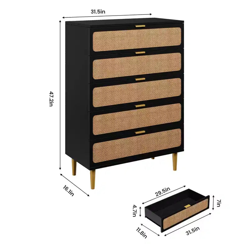 GustoWave Rattan 5 Drawer Dressers for Bedroom, Tall Dresser with Deep Drawers, Large Chest of Drawers for Closet with Wide Top, Long Wooden Dresser