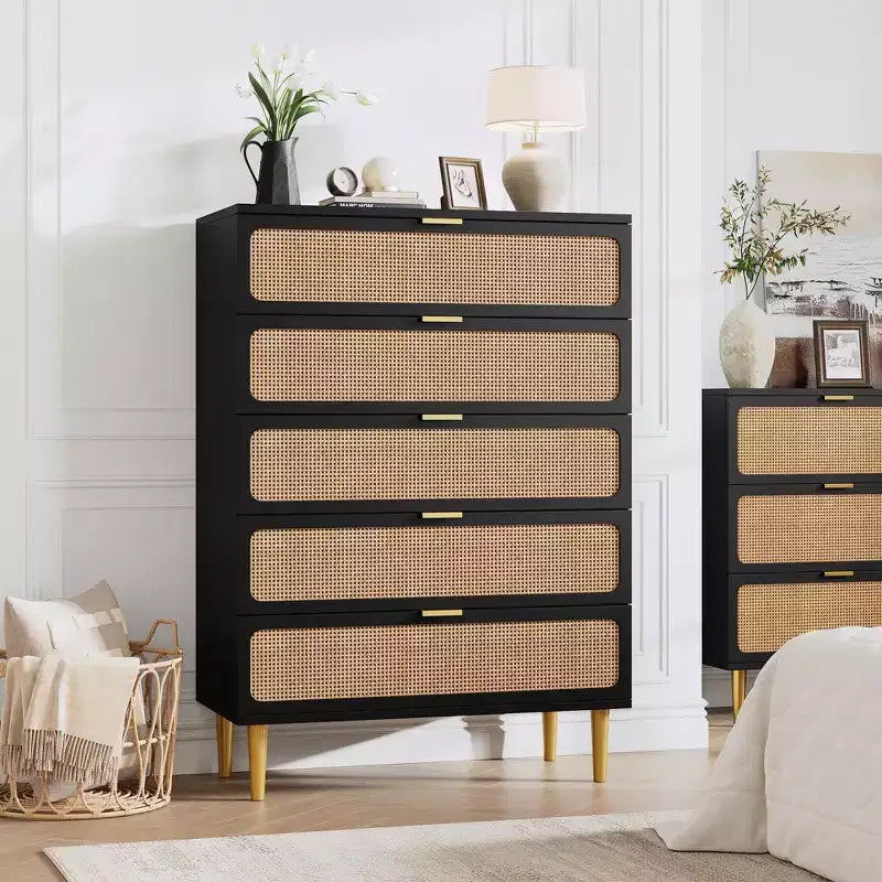 GustoWave Rattan 5 Drawer Dressers for Bedroom, Tall Dresser with Deep Drawers, Large Chest of Drawers for Closet with Wide Top, Long Wooden Dresser