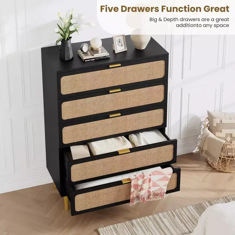GustoWave Rattan 5 Drawer Dressers for Bedroom, Tall Dresser with Deep Drawers, Large Chest of Drawers for Closet with Wide Top, Long Wooden Dresser
