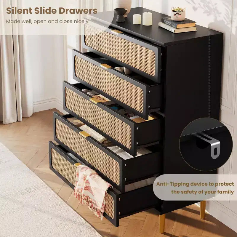 GustoWave Rattan 5 Drawer Dressers for Bedroom, Tall Dresser with Deep Drawers, Large Chest of Drawers for Closet with Wide Top, Long Wooden Dresser