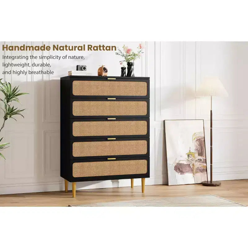 GustoWave Rattan 5 Drawer Dressers for Bedroom, Tall Dresser with Deep Drawers, Large Chest of Drawers for Closet with Wide Top, Long Wooden Dresser