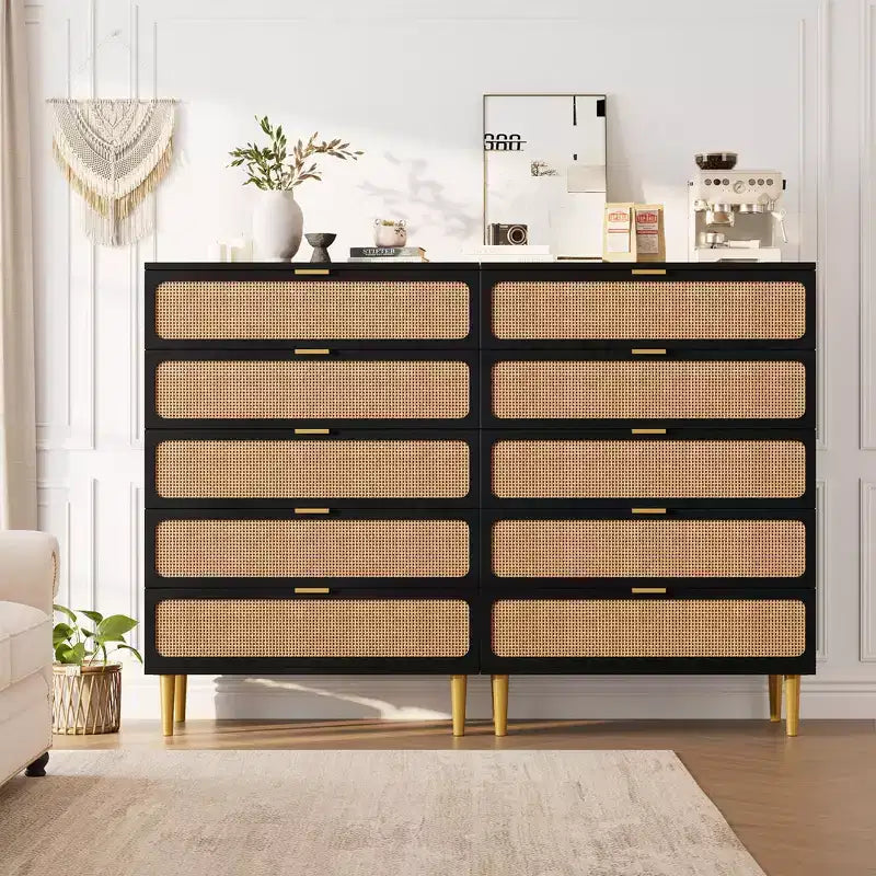 GustoWave Rattan 5 Drawer Dressers for Bedroom, Tall Dresser with Deep Drawers, Large Chest of Drawers for Closet with Wide Top, Long Wooden Dresser