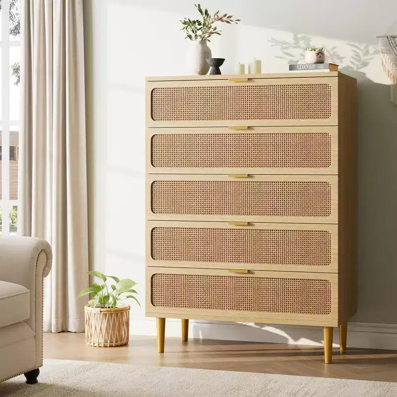 GustoWave Rattan 5 Drawer Dressers for Bedroom, Tall Dresser with Deep Drawers, Large Chest of Drawers for Closet with Wide Top, Long Wooden Dresser