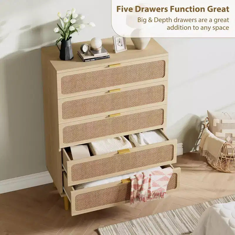 GustoWave Rattan 5 Drawer Dressers for Bedroom, Tall Dresser with Deep Drawers, Large Chest of Drawers for Closet with Wide Top, Long Wooden Dresser