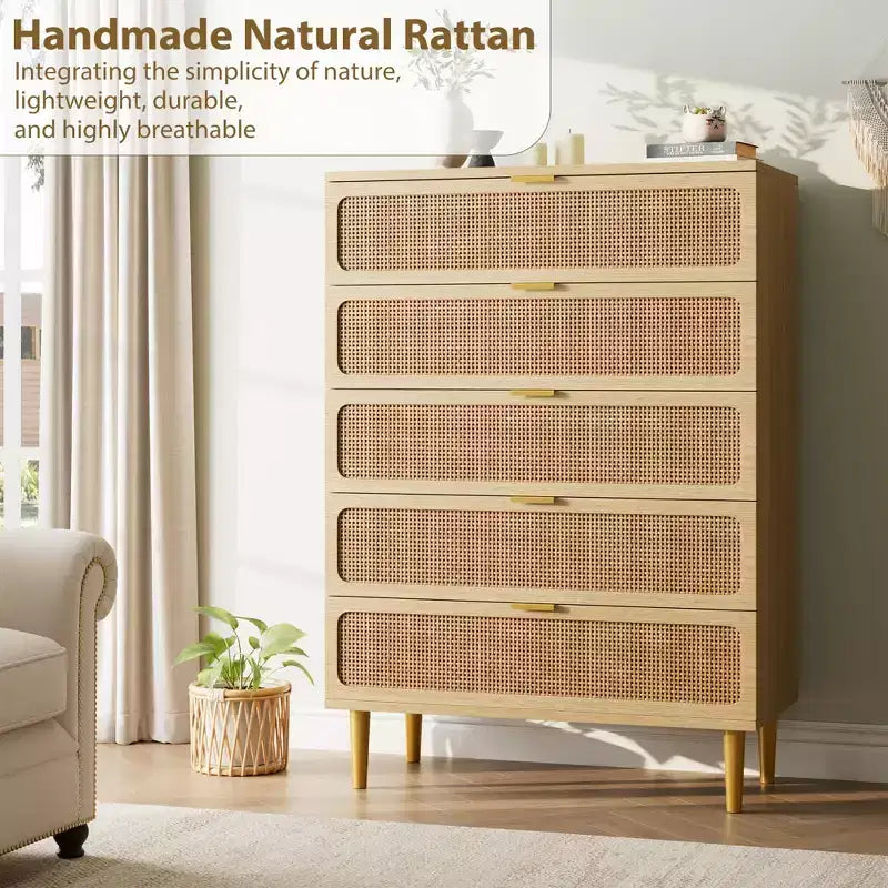 GustoWave Rattan 5 Drawer Dressers for Bedroom, Tall Dresser with Deep Drawers, Large Chest of Drawers for Closet with Wide Top, Long Wooden Dresser