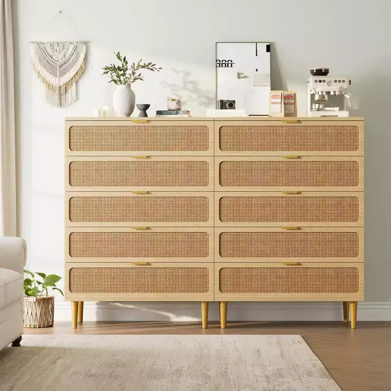 GustoWave Rattan 5 Drawer Dressers for Bedroom, Tall Dresser with Deep Drawers, Large Chest of Drawers for Closet with Wide Top, Long Wooden Dresser