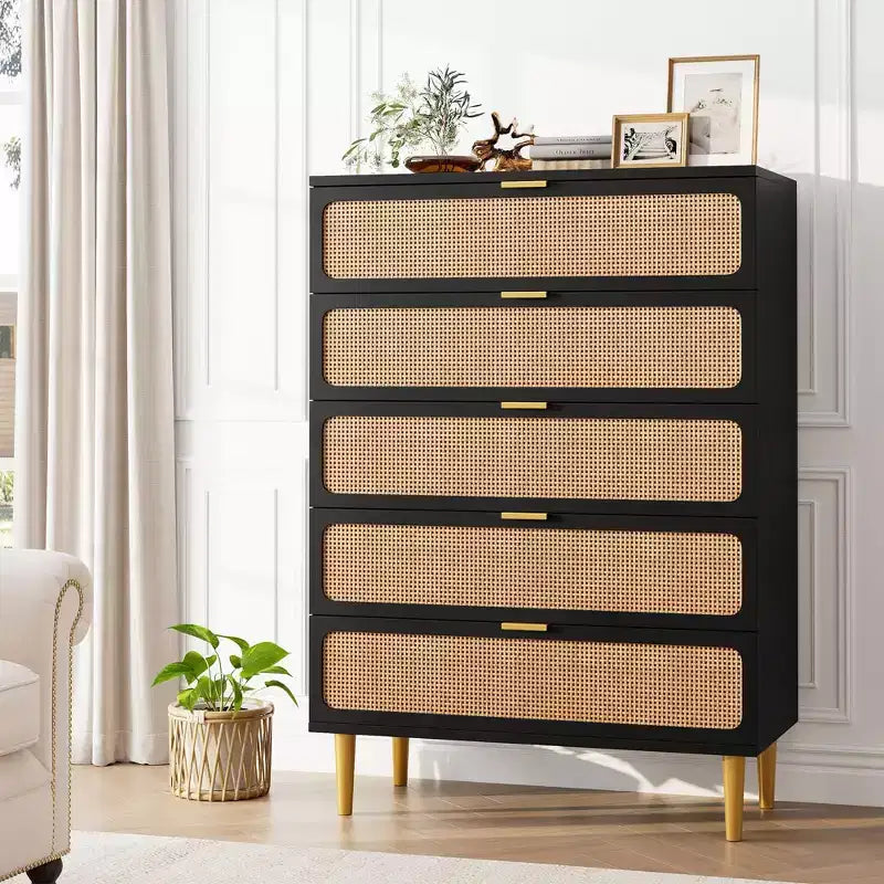 GustoWave Rattan 5 Drawer Dressers for Bedroom, Tall Dresser with Deep Drawers, Large Chest of Drawers for Closet with Wide Top, Long Wooden Dresser