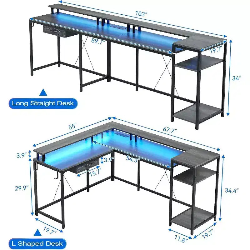 Acekool 68 L-Shaped Gaming Desk - LED Lights & Built-in Charging Station