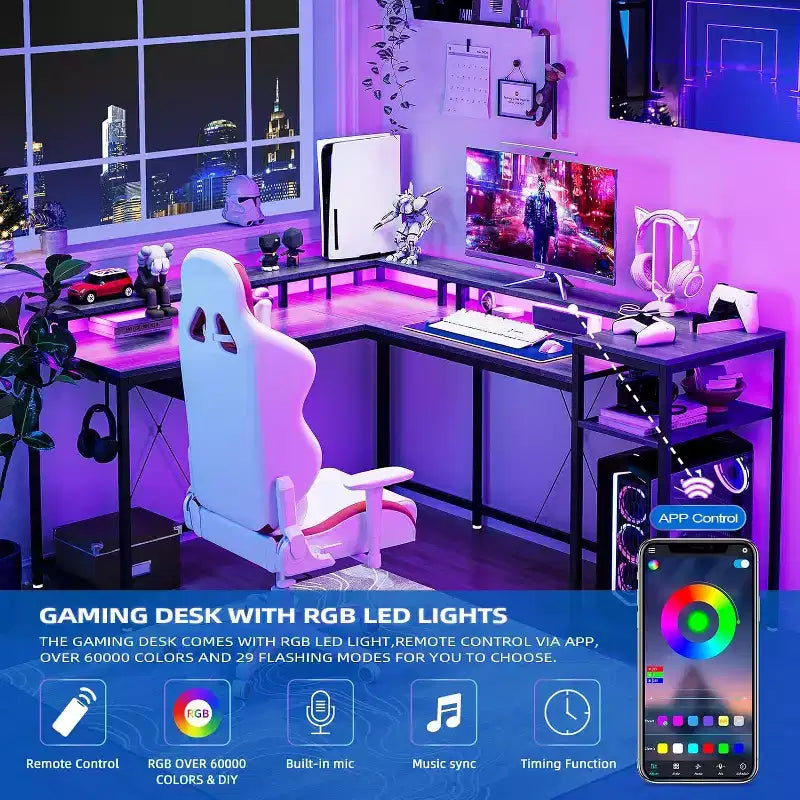 Acekool 68 L-Shaped Gaming Desk - LED Lights & Built-in Charging Station