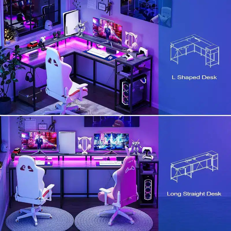 Acekool 68 L-Shaped Gaming Desk - LED Lights & Built-in Charging Station