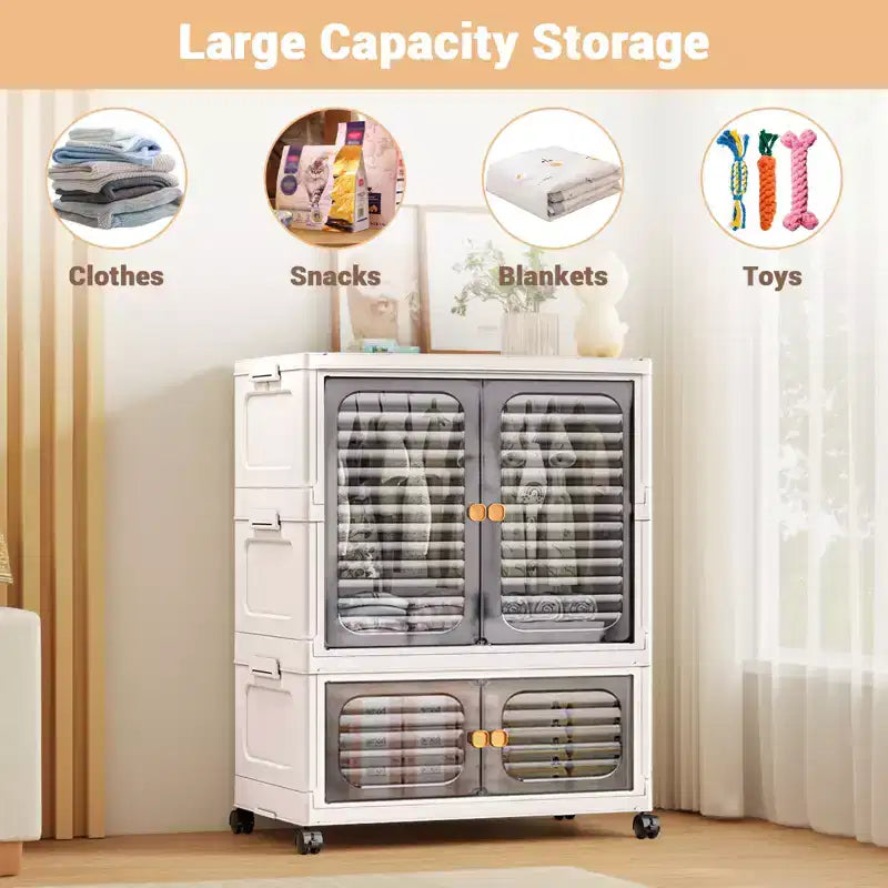 Storage Bins with Lids, Folding Storage Box with Doors and Wheels, Stackable Collapsible Storage Bins, 3 Pack Closet Organizers and Storage for Home