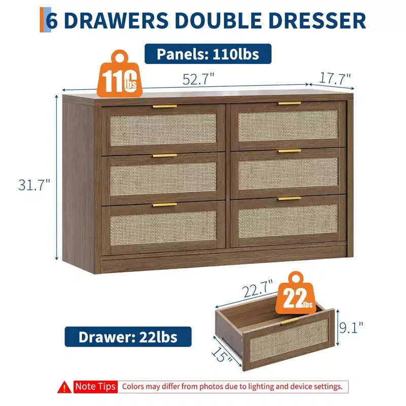 GustoWave 6 Drawer Dresser for Bedroom, 52.7 Wide Rattan Dresser, Wooden with Gold Handles, Farmhouse Tv Stand Entryway Table, Chest of Drawers