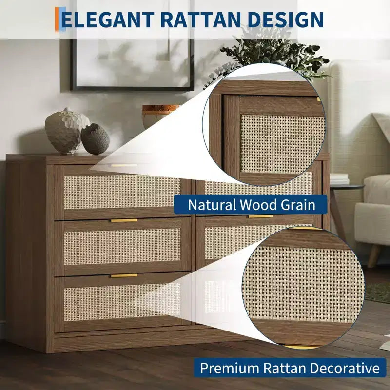 GustoWave 6 Drawer Dresser for Bedroom, 52.7 Wide Rattan Dresser, Wooden with Gold Handles, Farmhouse Tv Stand Entryway Table, Chest of Drawers