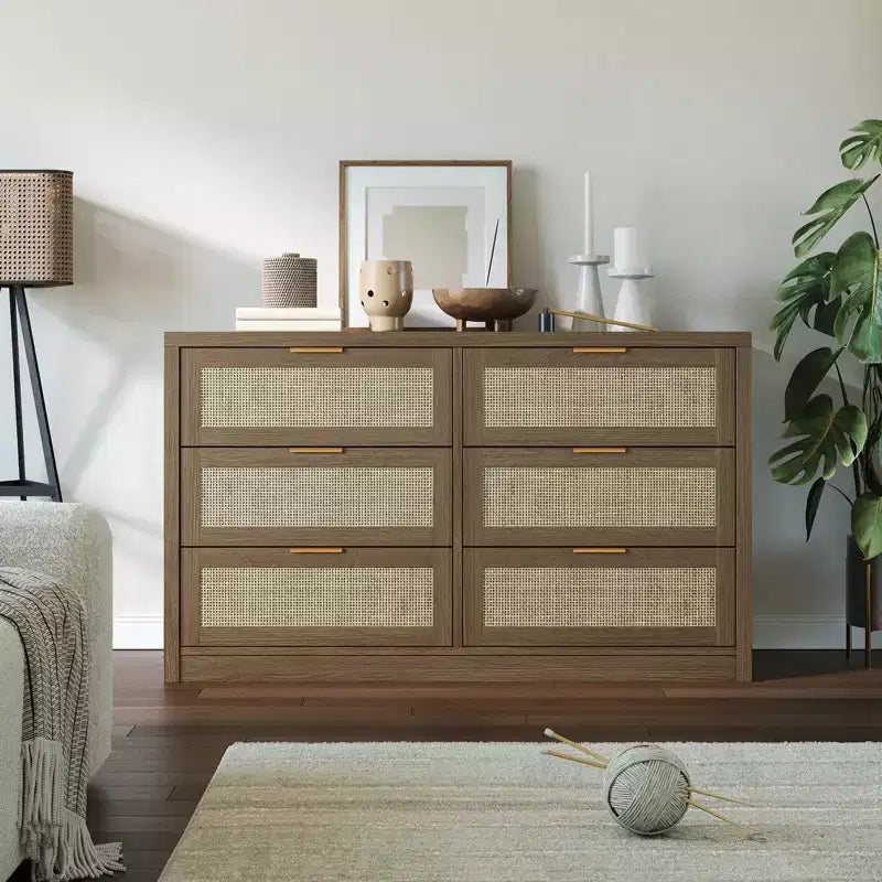 GustoWave 6 Drawer Dresser for Bedroom, 52.7 Wide Rattan Dresser, Wooden with Gold Handles, Farmhouse Tv Stand Entryway Table, Chest of Drawers