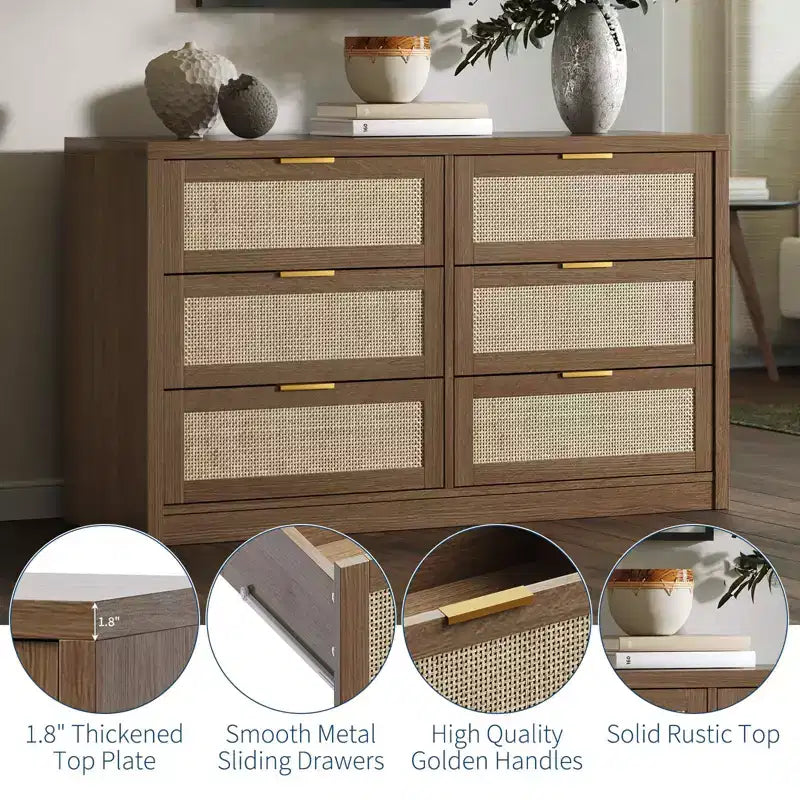 GustoWave 6 Drawer Dresser for Bedroom, 52.7 Wide Rattan Dresser, Wooden with Gold Handles, Farmhouse Tv Stand Entryway Table, Chest of Drawers