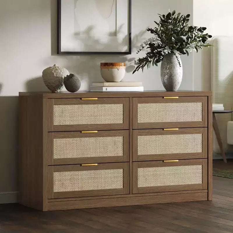 GustoWave 6 Drawer Dresser for Bedroom, 52.7 Wide Rattan Dresser, Wooden with Gold Handles, Farmhouse Tv Stand Entryway Table, Chest of Drawers