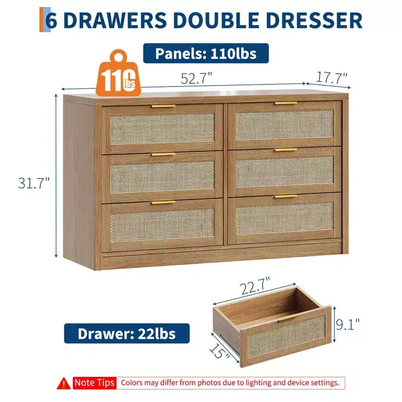 GustoWave 6 Drawer Dresser for Bedroom, 52.7 Wide Rattan Dresser, Wooden with Gold Handles, Farmhouse Tv Stand Entryway Table, Chest of Drawers