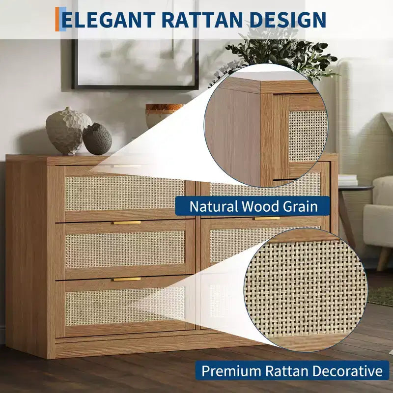 GustoWave 6 Drawer Dresser for Bedroom, 52.7 Wide Rattan Dresser, Wooden with Gold Handles, Farmhouse Tv Stand Entryway Table, Chest of Drawers