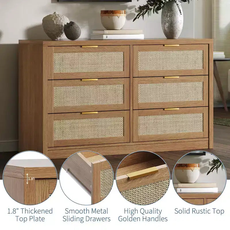 GustoWave 6 Drawer Dresser for Bedroom, 52.7 Wide Rattan Dresser, Wooden with Gold Handles, Farmhouse Tv Stand Entryway Table, Chest of Drawers