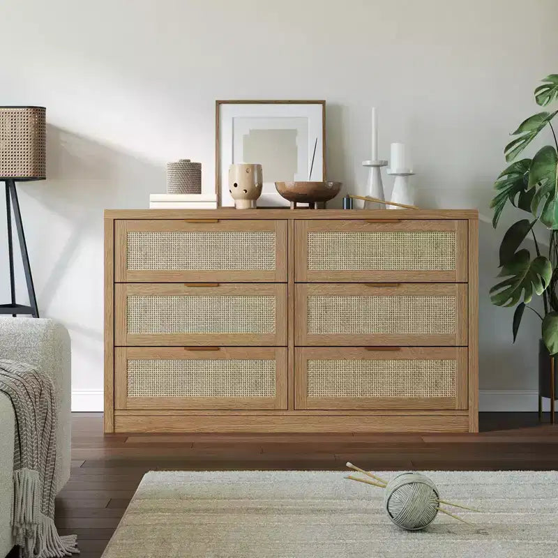 GustoWave 6 Drawer Dresser for Bedroom, 52.7 Wide Rattan Dresser, Wooden with Gold Handles, Farmhouse Tv Stand Entryway Table, Chest of Drawers