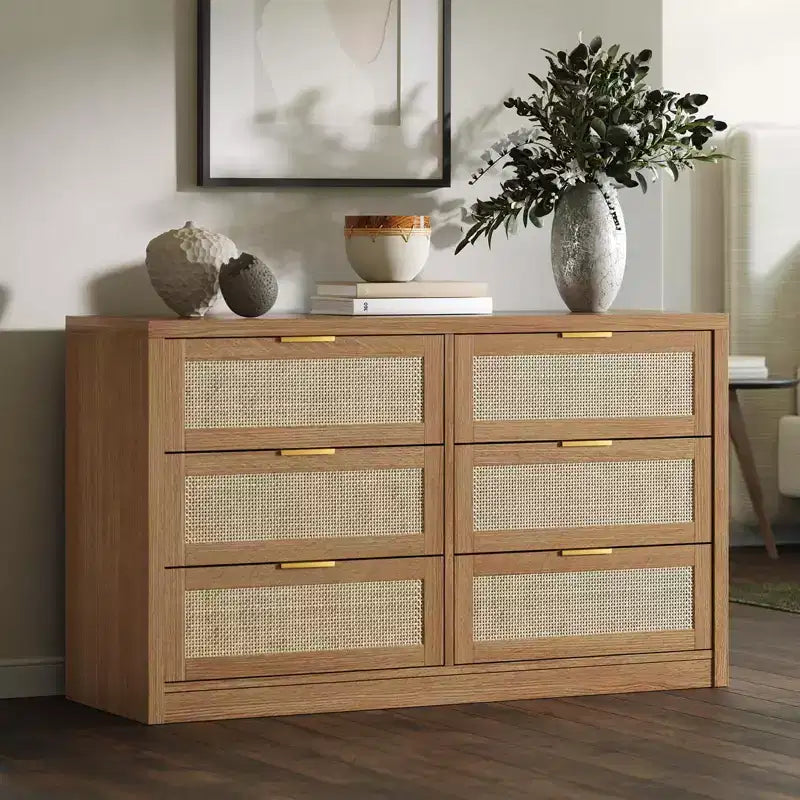 GustoWave 6 Drawer Dresser for Bedroom, 52.7 Wide Rattan Dresser, Wooden with Gold Handles, Farmhouse Tv Stand Entryway Table, Chest of Drawers