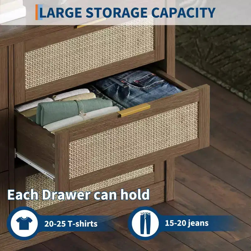 GustoWave 6 Drawer Dresser for Bedroom, 52.7 Wide Rattan Dresser, Wooden with Gold Handles, Farmhouse Tv Stand Entryway Table, Chest of Drawers