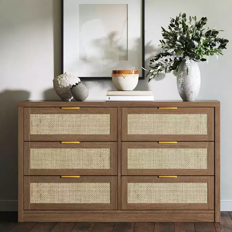 GustoWave 6 Drawer Dresser for Bedroom, 52.7 Wide Rattan Dresser, Wooden with Gold Handles, Farmhouse Tv Stand Entryway Table, Chest of Drawers