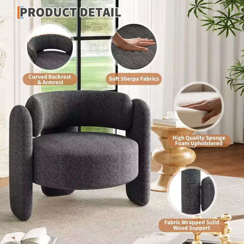 GustoWave Modern Upholstered Accent Chair with Solid Wood Frame, Mid-Century Chenille Round Armchair Chair with Curved Backrest