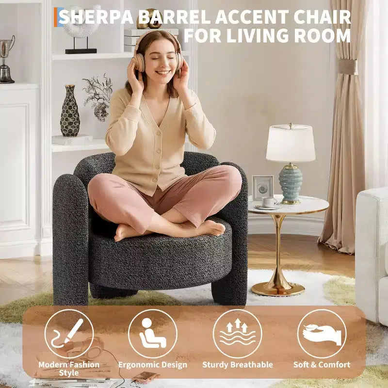 GustoWave Modern Upholstered Accent Chair with Solid Wood Frame, Mid-Century Chenille Round Armchair Chair with Curved Backrest