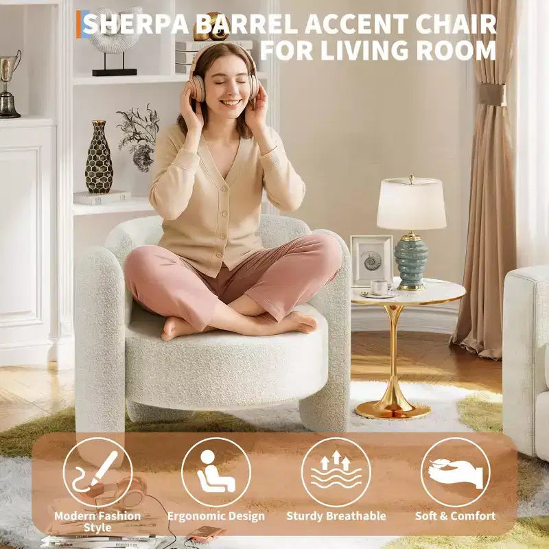 GustoWave Modern Upholstered Accent Chair with Solid Wood Frame, Mid-Century Chenille Round Armchair Chair with Curved Backrest