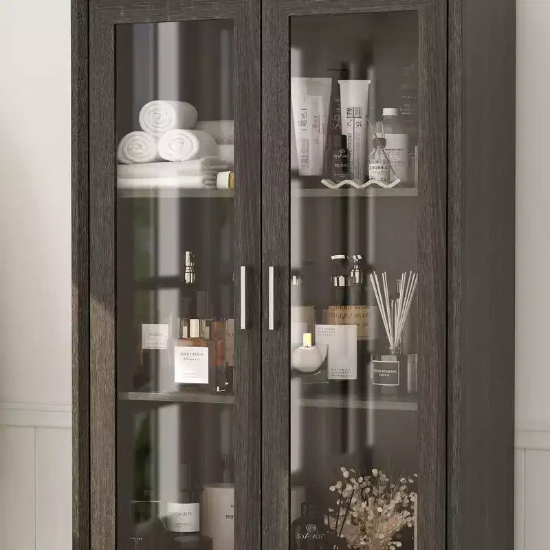 Famapy Tall Bathroom Storage Cabinet,Freestanding Storage Unit with Glass Doors,Anti-Tip Design,for Small Spaces, Dark