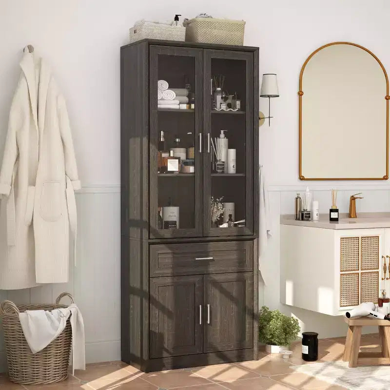Famapy Tall Bathroom Storage Cabinet,Freestanding Storage Unit with Glass Doors,Anti-Tip Design,for Small Spaces, Dark