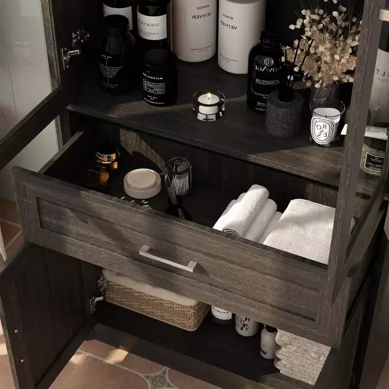 Famapy Tall Bathroom Storage Cabinet,Freestanding Storage Unit with Glass Doors,Anti-Tip Design,for Small Spaces, Dark