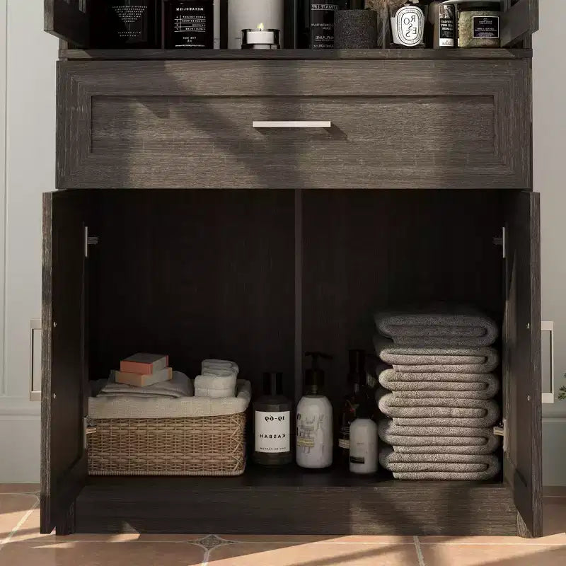 Famapy Tall Bathroom Storage Cabinet,Freestanding Storage Unit with Glass Doors,Anti-Tip Design,for Small Spaces, Dark