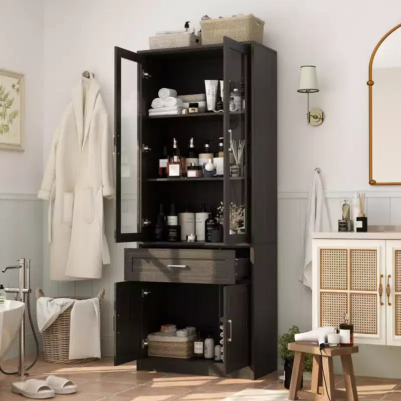 Famapy Tall Bathroom Storage Cabinet,Freestanding Storage Unit with Glass Doors,Anti-Tip Design,for Small Spaces, Dark