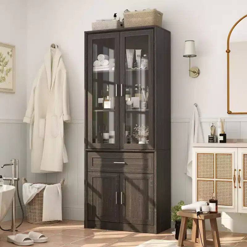 Famapy Tall Bathroom Storage Cabinet,Freestanding Storage Unit with Glass Doors,Anti-Tip Design,for Small Spaces, Dark