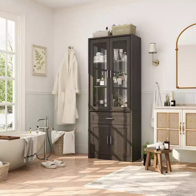 Famapy Tall Bathroom Storage Cabinet,Freestanding Storage Unit with Glass Doors,Anti-Tip Design,for Small Spaces, Dark