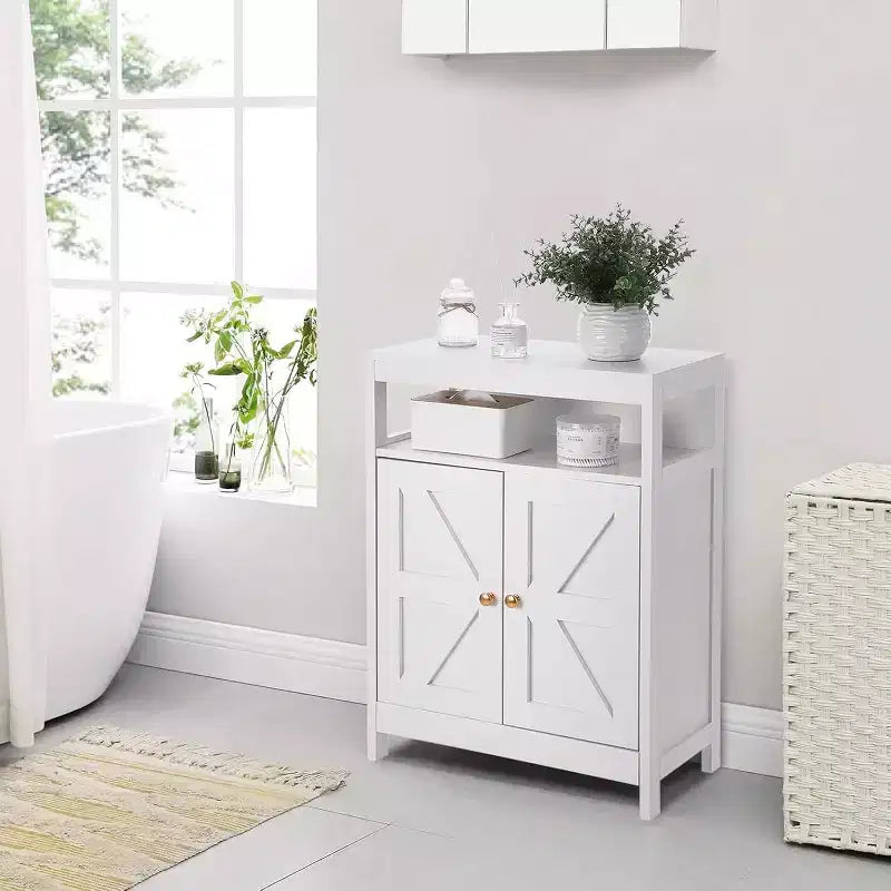 Bathroom Floor Cabinet with Double Doors, Adjustable Shelves, Compact Storage Unit Measuring 34.84 D x 14.17 W x 7.87 H, Space-Saving, White