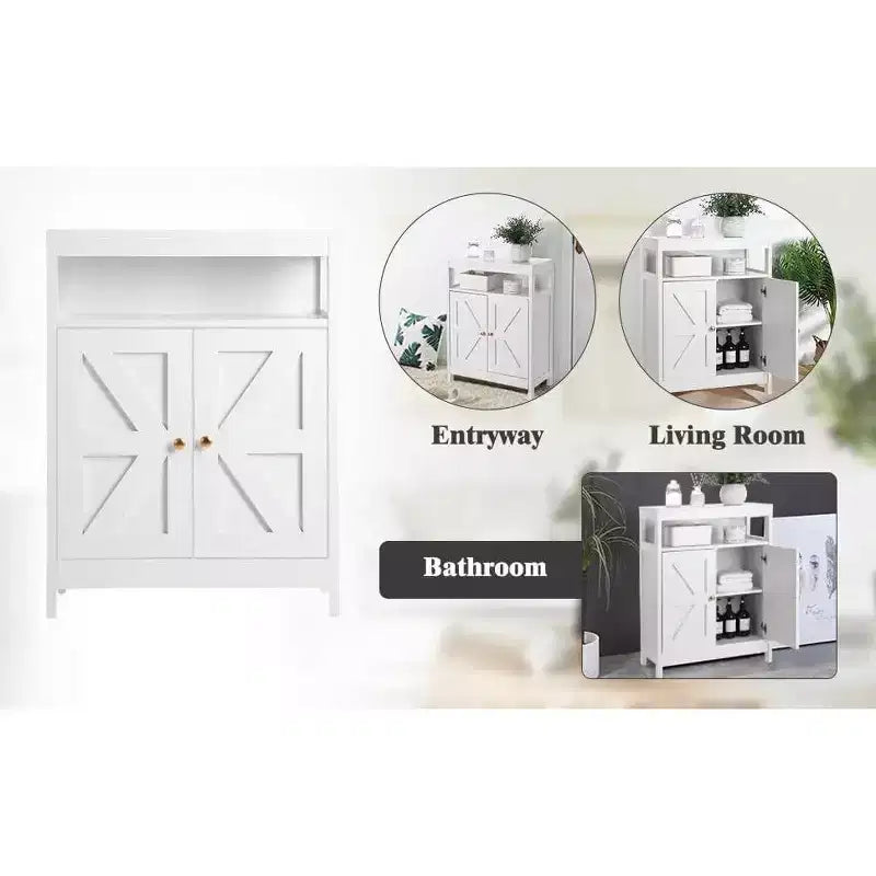 Bathroom Floor Cabinet with Double Doors, Adjustable Shelves, Compact Storage Unit Measuring 34.84 D x 14.17 W x 7.87 H, Space-Saving, White