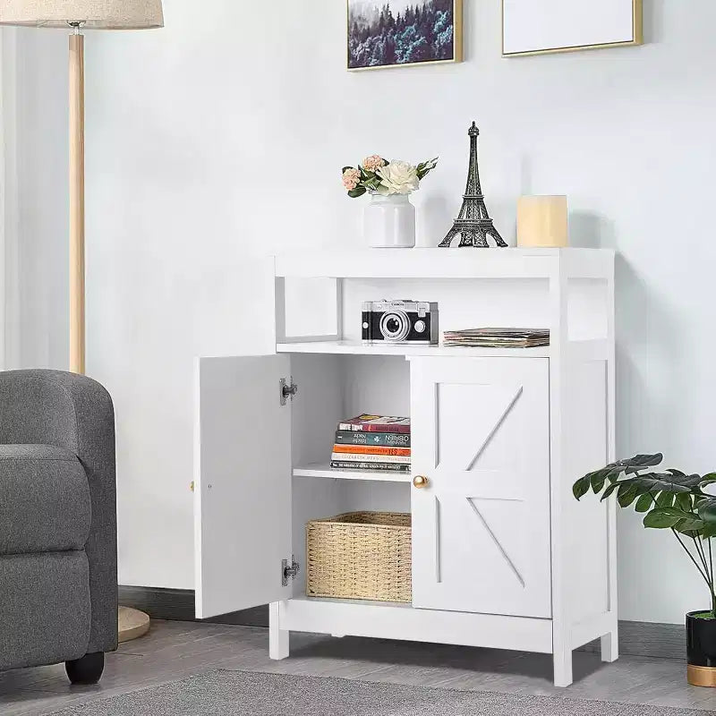 Bathroom Floor Cabinet with Double Doors, Adjustable Shelves, Compact Storage Unit Measuring 34.84 D x 14.17 W x 7.87 H, Space-Saving, White
