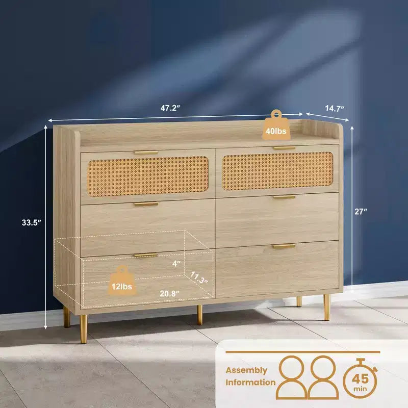 6 Drawer Dresser Farmhouse, Wide Bedroom Storage Chest with Rattan Accents