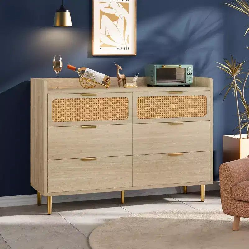 6 Drawer Dresser Farmhouse, Wide Bedroom Storage Chest with Rattan Accents