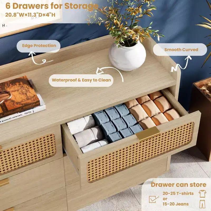 6 Drawer Dresser Farmhouse, Wide Bedroom Storage Chest with Rattan Accents