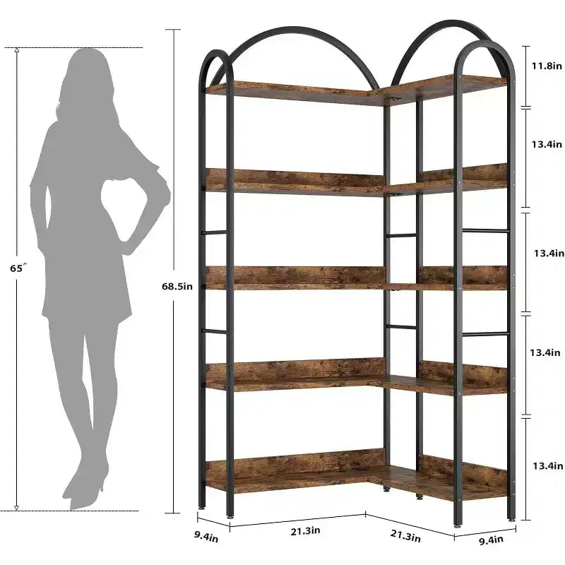 Hush Sun 5-Tier Reversible Corner Bookcase - 68.5 Industrial Bookshelf, 50LB/Shelf for Home Office